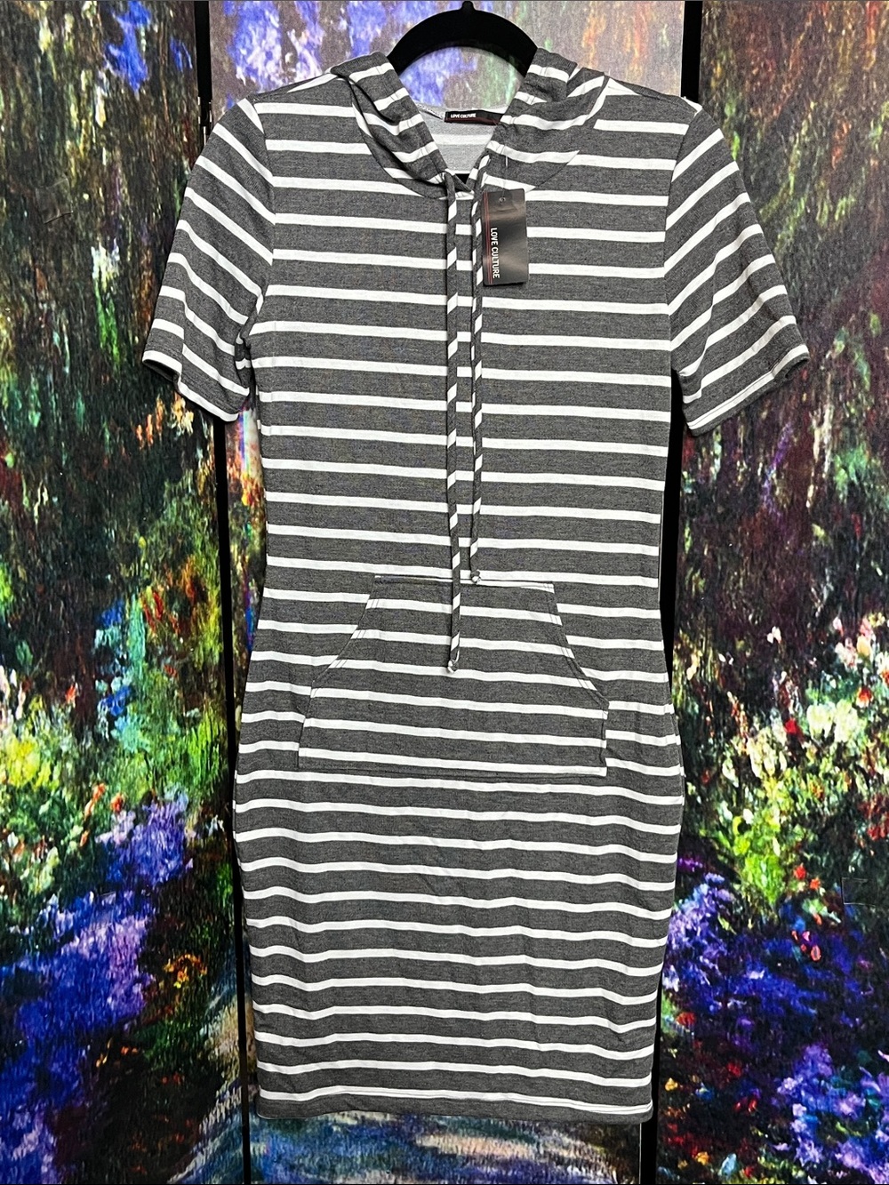 Love Culture Gray and White Striped Midi Hoodie Dress